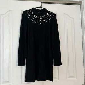 NWT ZARA Sweater Dress SZ small Black with Pearl collarbone Accent